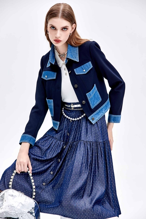 小香風拼接牛仔短外套,毛呢花呢