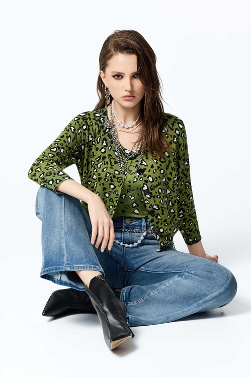 神秘綠豹紋印花針織外套,