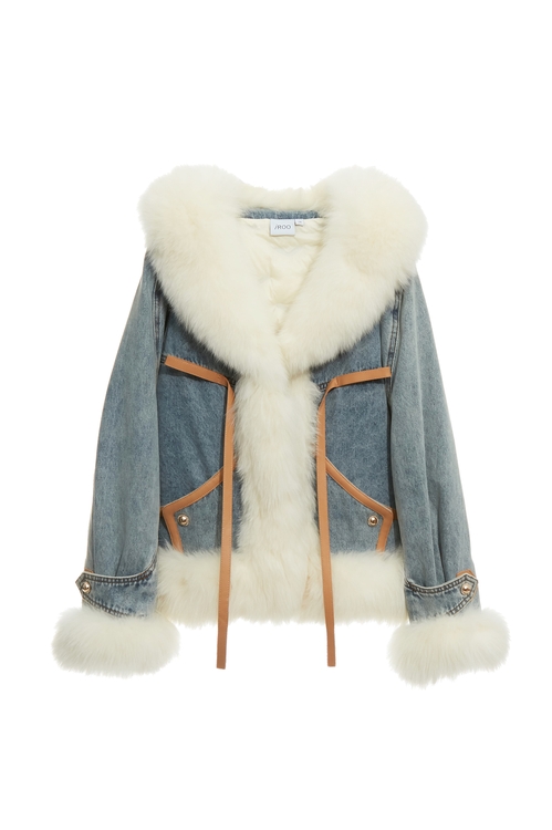 皮草鑲邊牛仔羽絨外套,牛仔外套