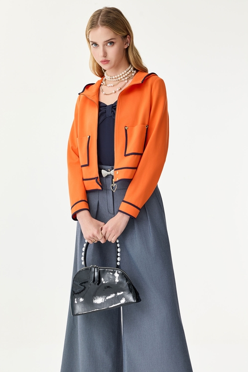 溫暖琥珀色撞色線外套,連帽外套