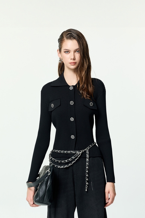 坑條修身花朵釦飾針織外罩,針織外套