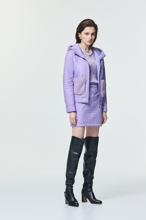 光澤感絎縫毛領外套,連帽外套