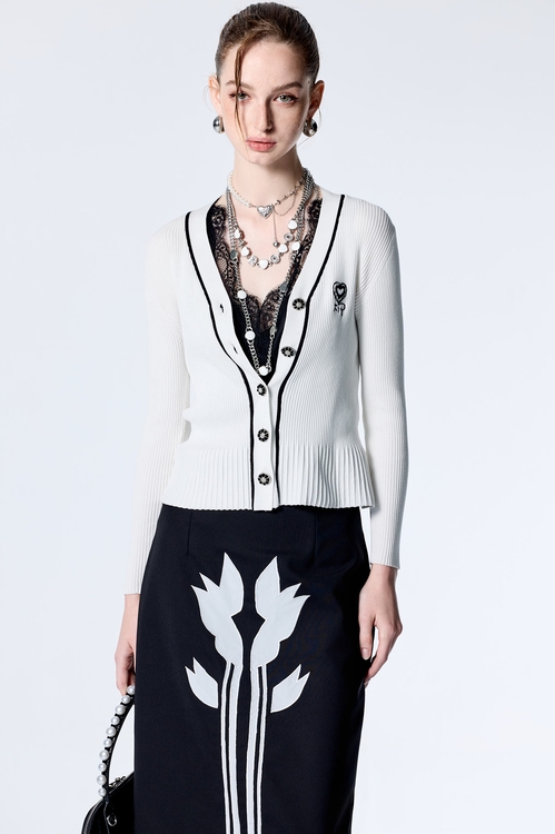 黑白撞色坑條針織外罩,白色外套