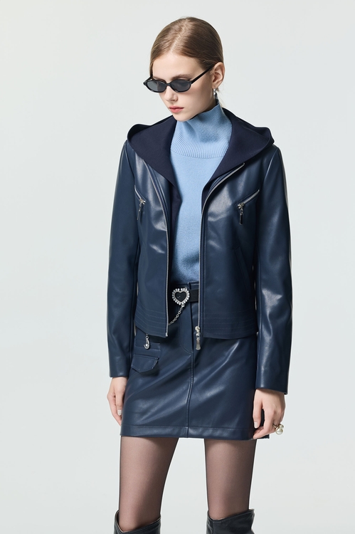 造型口袋連帽仿皮夾克,時髦成套搭配