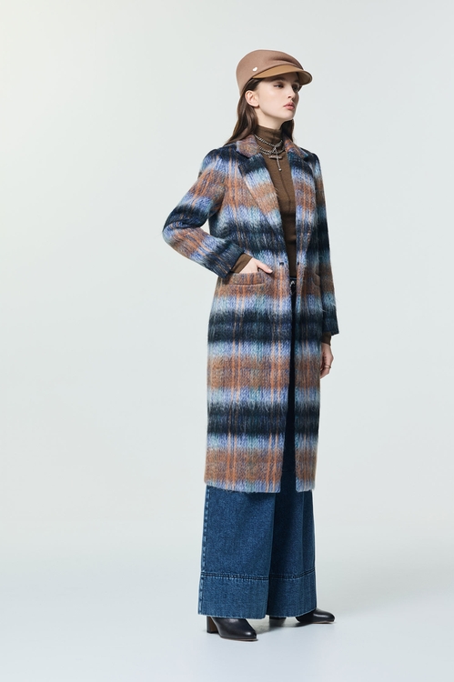 焦糖漸層藍刷毛大衣,長大衣