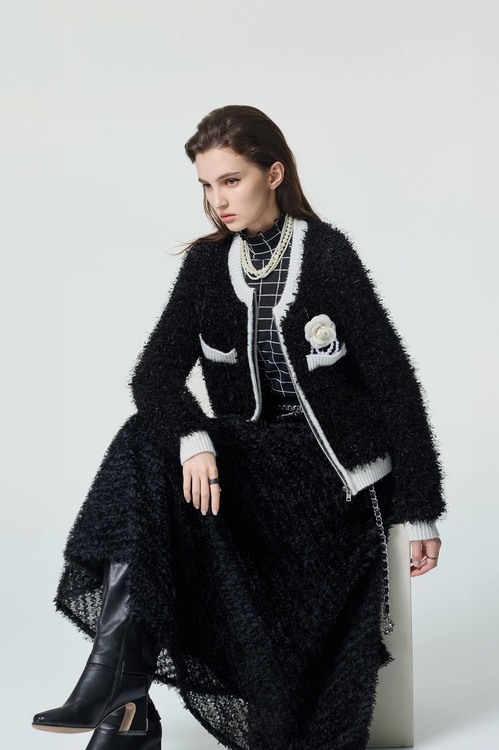 帶子紗崁銀蔥拉鍊式針織外罩,小香風外套