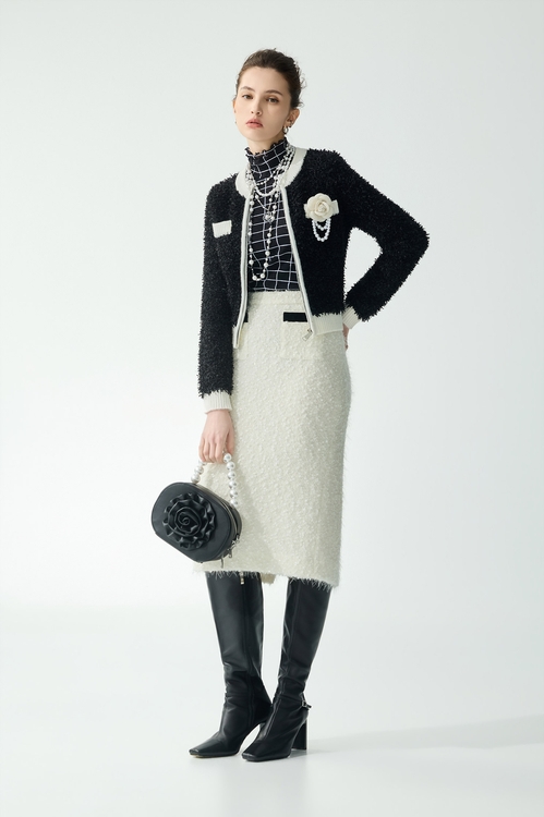 帶子紗崁銀蔥拉鍊式針織外罩,小香風外套