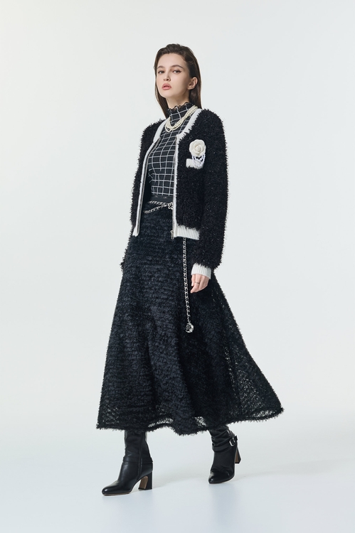 帶子紗崁銀蔥拉鍊式針織外罩,小香風外套