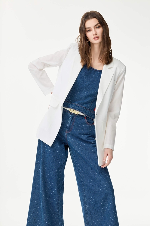 白色棉麻長版西裝外套,西裝外套