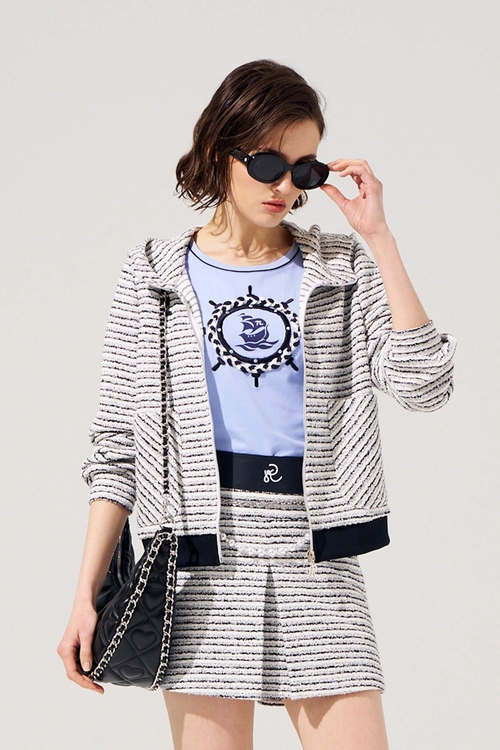 海軍藍條紋花紗連帽外套,毛呢花呢