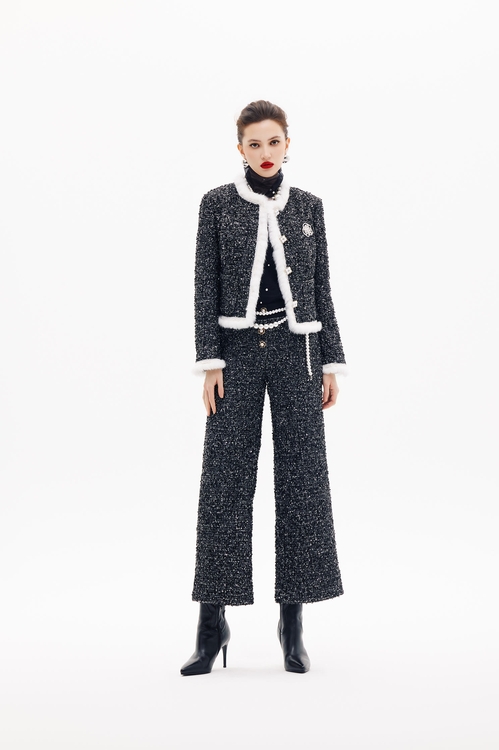 珍珠花朵別針小香復古外套,時髦成套搭配