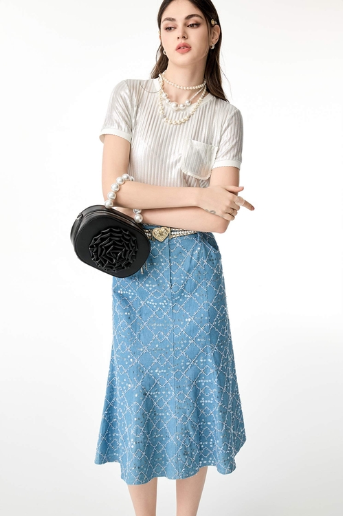 格紋亮片牛仔魚尾裙,牛仔裙