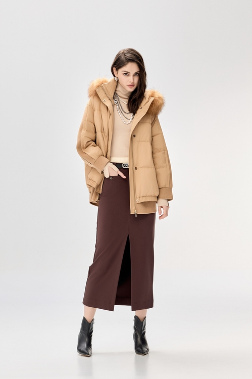 焦糖色修身開衩直筒長裙,窄裙