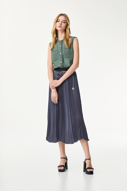 港霧灰魚鱗褶壓褶長裙,百摺裙