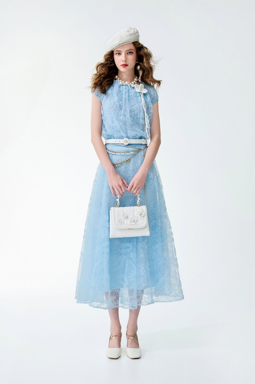 幻藍色壓波紋細網長裙,,幻藍色壓波紋細網長裙,春夏穿搭,網紗,長裙