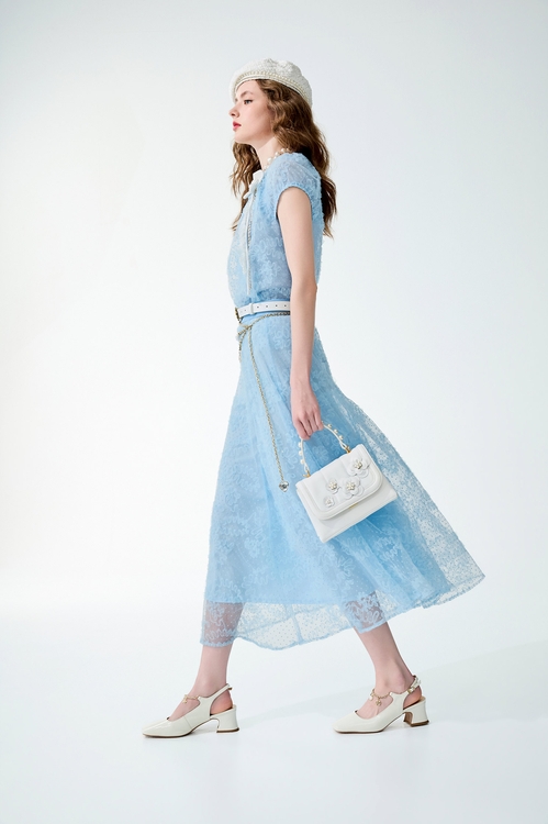 幻藍色壓波紋細網長裙,,幻藍色壓波紋細網長裙,春夏穿搭,網紗,長裙