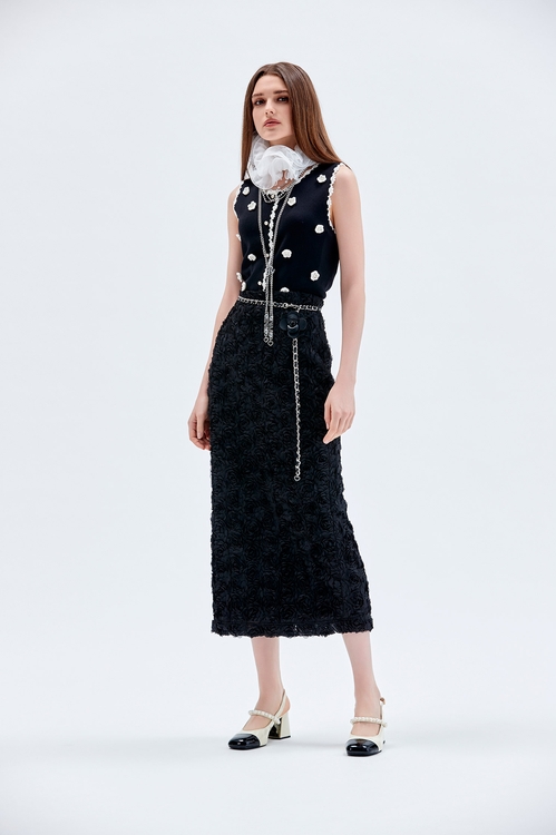 立體黑玫瑰繞花彈性長窄裙,黑色裙子