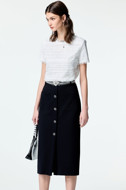 黑色逢釦裝飾直筒裙,黑色裙子