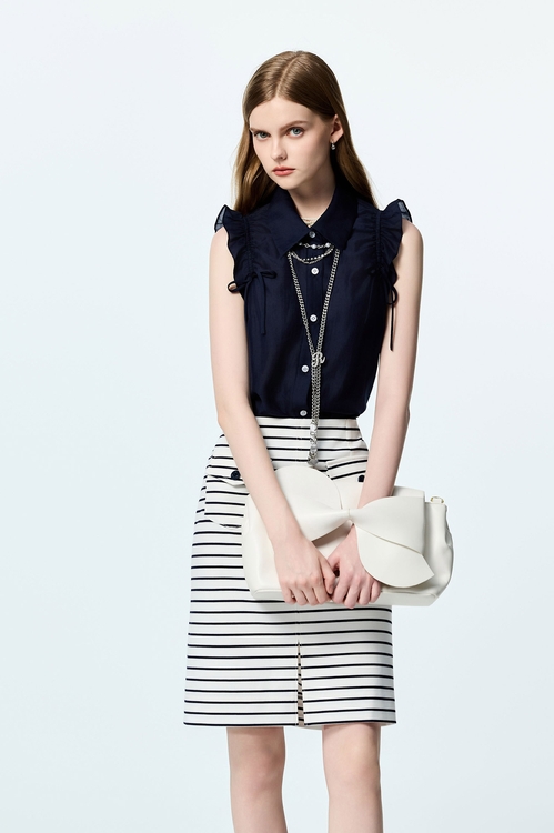 午夜藍條紋中長裙,窄裙