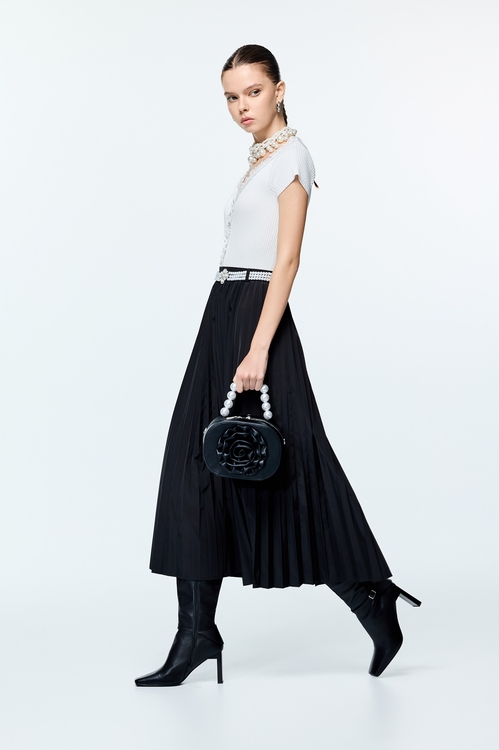 極致黑傘景壓摺式中長裙,百摺裙