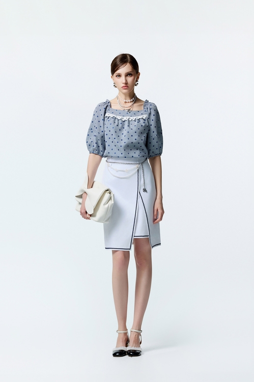 綴跳色波紋織帶窄裙,窄裙