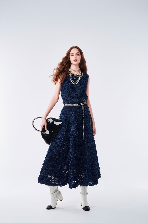 日式紫色光色雷射花長裙,網裙