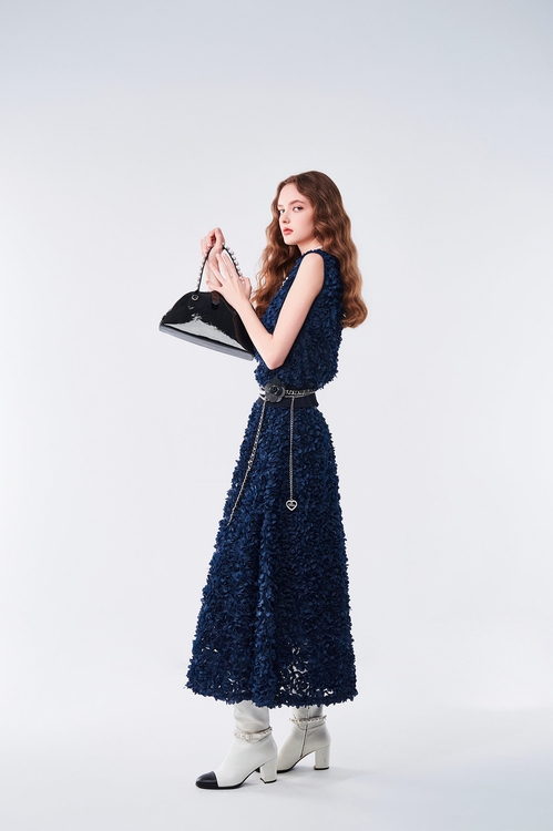 日式紫色光色雷射花長裙,網裙