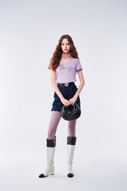 日式紫色光色雷射花短裙,窄裙