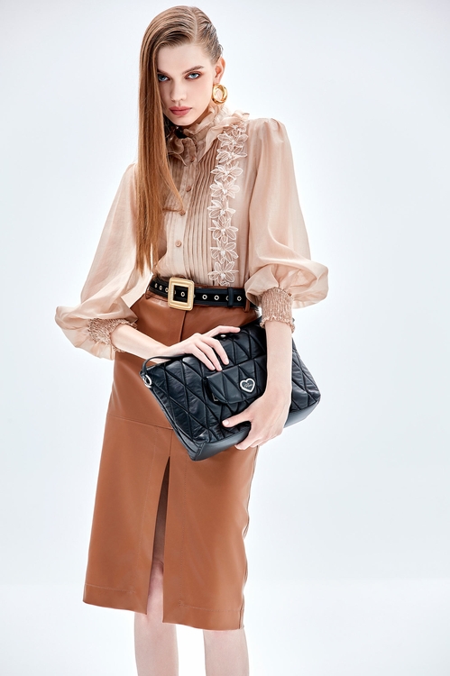 雌鹿色仿皮革開叉鉛筆裙,窄裙