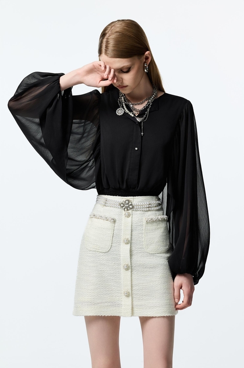 手工珍珠鑽飾花呢紗短裙,短裙