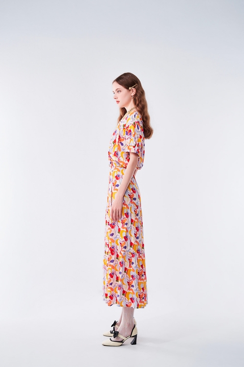 童趣五彩印花長裙,網裙