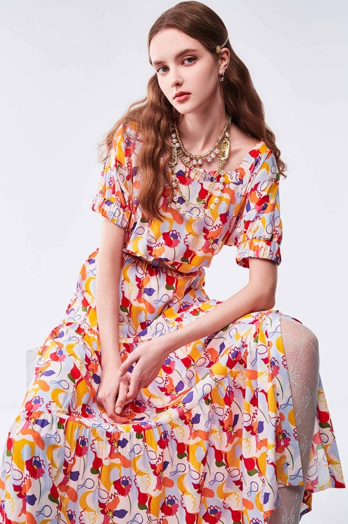 童趣五彩印花長裙,網裙