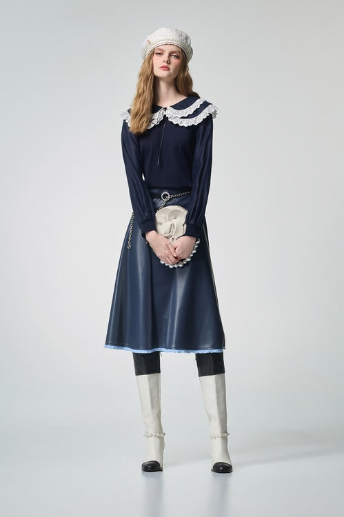 海軍藍綴羅紋下擺長裙,皮革