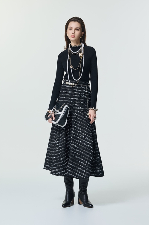 帶子紗花呢切展波浪中長裙,黑色裙子