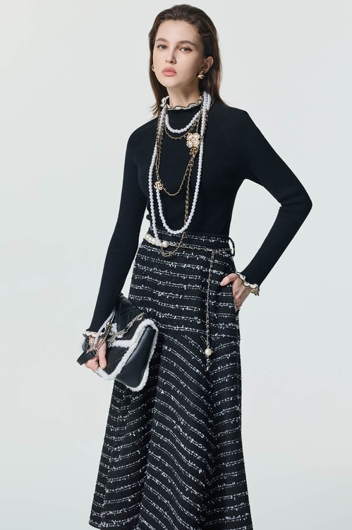 帶子紗花呢切展波浪中長裙,黑色裙子