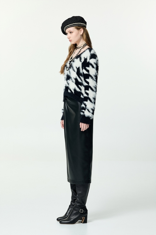 光澤軟皮革抓皺設計中長窄裙,皮革