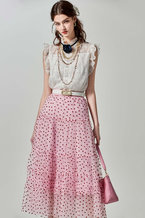 綴愛心植絨網紗裙,紗裙