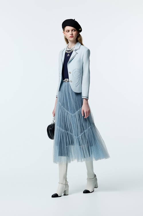 綴點點植絨細網紗長裙,紗裙