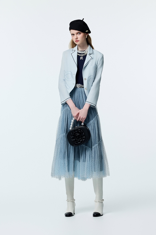 綴點點植絨細網紗長裙,紗裙