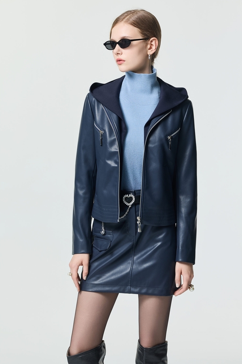 造型口袋仿皮裙,時髦成套搭配