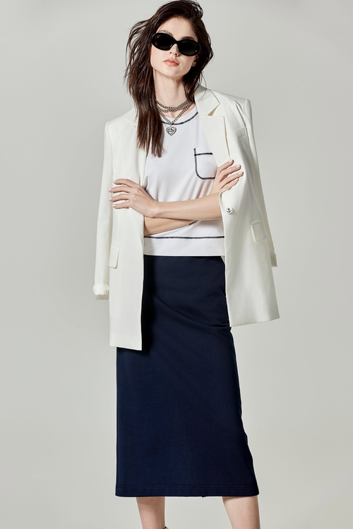 海軍藍魚鱗布直筒中長裙,窄裙