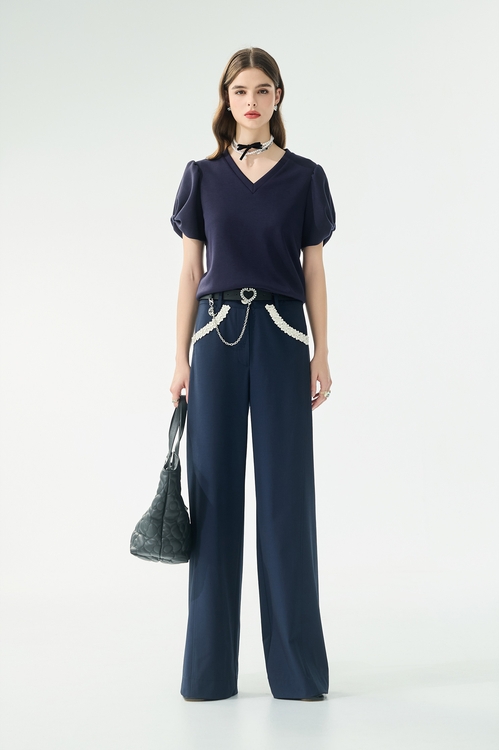 綴花朵口袋邊寬褲,褲子