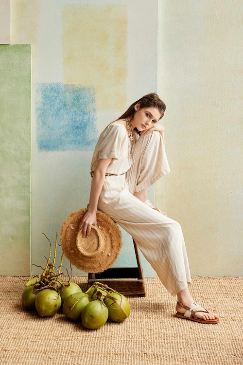 奶油色條紋縮腰連身褲,連身褲