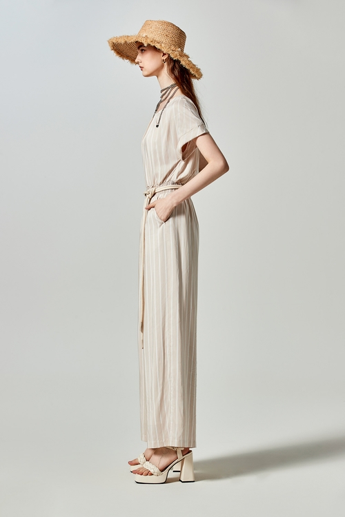 奶油色條紋縮腰連身褲,連身褲