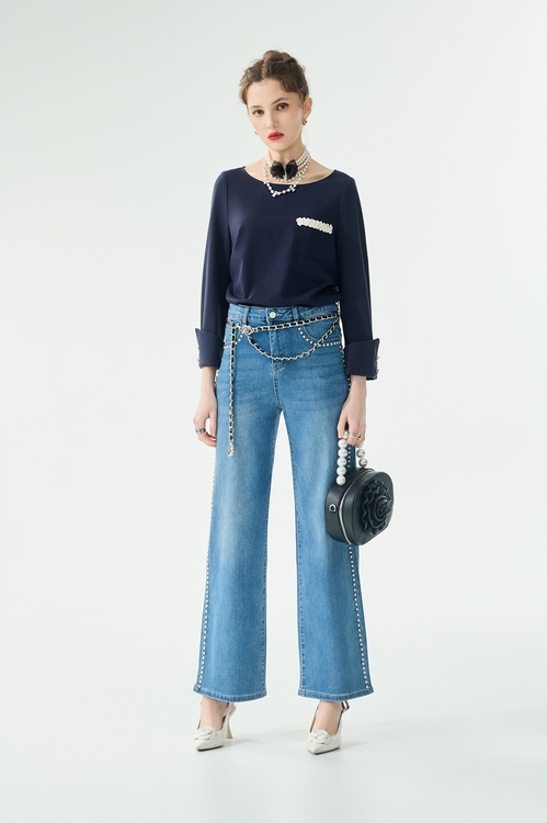 綴卯釘帥氣牛仔寬褲,牛仔,丹寧