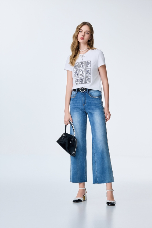 綴卯釘帥氣牛仔寬褲,牛仔,丹寧