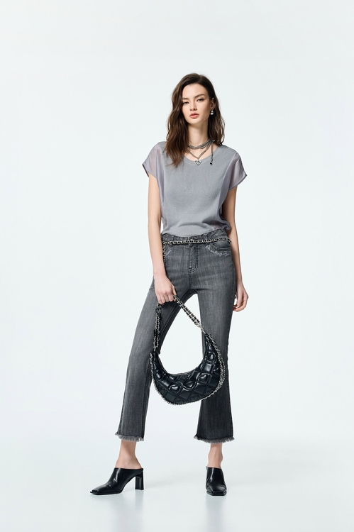 丁香灰繡字牛仔長褲,牛仔長褲