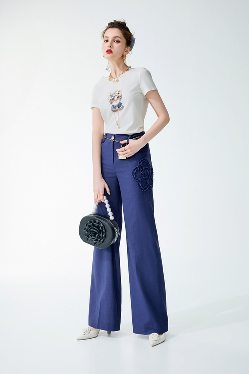 經典藍色抽鬚壓手工花寬褲,春夏穿搭