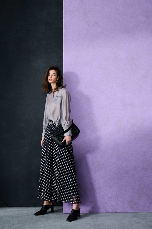 黑白點傘狀雪紡大寬褲,波點
