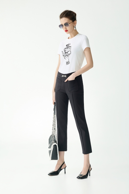 金屬珍珠釦飾八分窄管褲,窄管褲,褲子